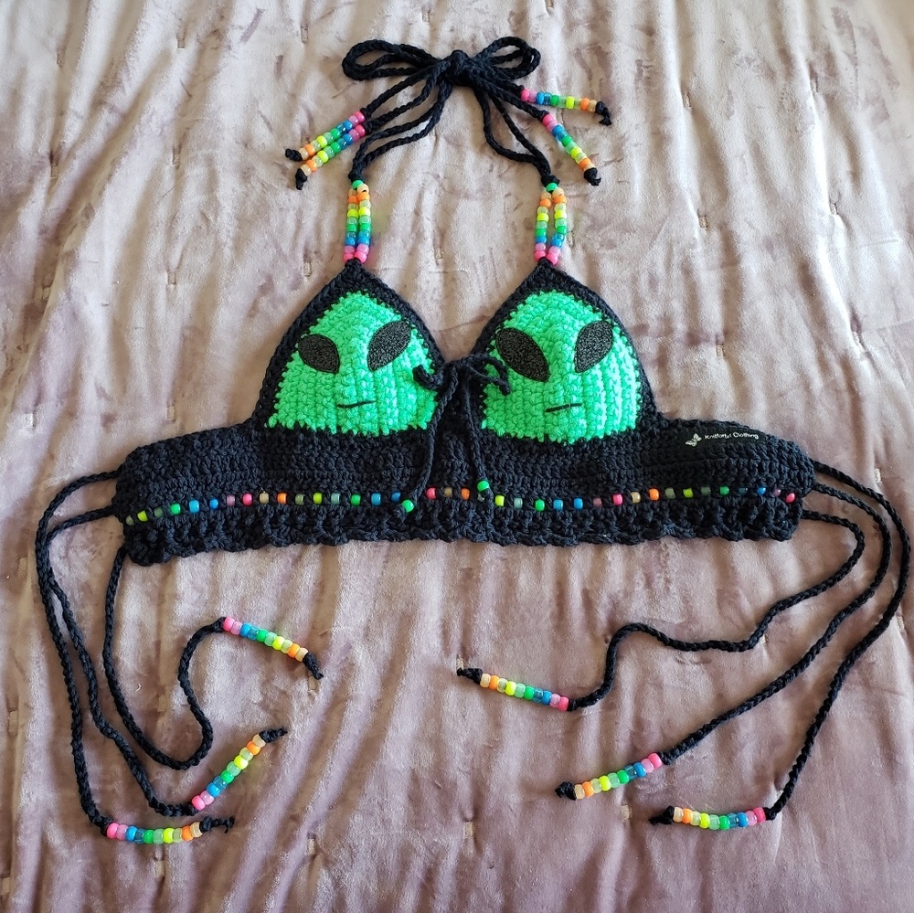 Alien Rainbow Bead Kandi Crochet Festival Crop Top